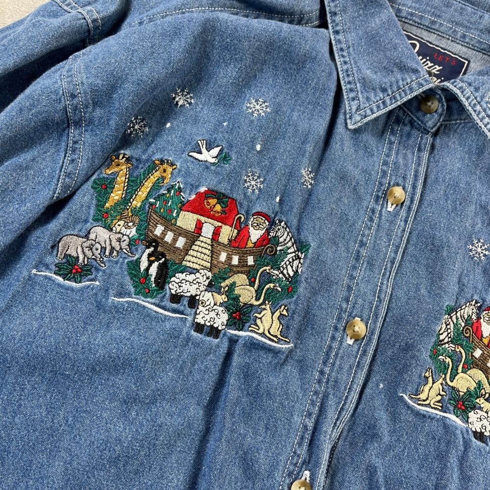Vintage 90s Quizzical Denim Shirt L Blue Christmas Noahs Ark Festive Grandmacore - Picture 6 of 14